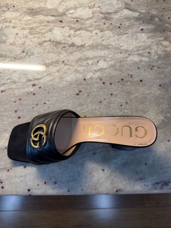 Gucci Shoes - Gucci Black Leather Slide with Gold Double G Logo